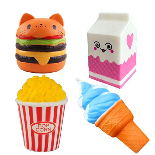 Bestkiy Pack of 4 Jumbo Slow Rising Squishies Kawaii Cat Hamburger Popcorn Ice Cream Milk Box Charms Stress Relief Toys Scented Toys Decorations Hand Pillows (Best Rated Fast Food Burger)