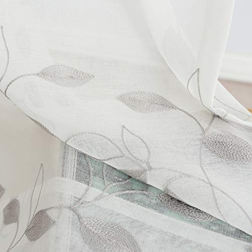 Haperlare Sheer Curtains, Room Decorative Voile Grommet Sheer Curtain Panels Floral Embroidered Semi Sheer Window Drapes for Bedroom, 52 x 95 Inch, 2 Panels, Gray Embroidery