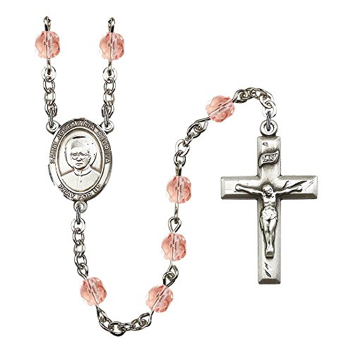 St. Josemaria Escriva Silver-Plated Rosary 6mm October Pink Fire Polished Beads Crucifix Size 1 3/8 x 3/4 medal charm