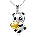S925 Sterling Silver Cute Panda Love Heart Necklace for Women Girl, Rolo Chain 18