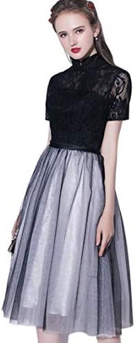 パーティー 結婚式ドレス バイカラー ドッキング 立て襟 ミモレ丈 半袖 レース お呼ばれ ドレス 謝恩会 二次会 Aライン フレア ワンピース