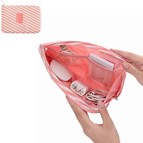 Portable Electronics Organizer Travel Makeup Bag/Digital Date Storage Pouch/Waterproof Cosmetic Bags Cellphone,Headset,USB Cable,Charger,Hard Drive Carry Case With Mesh Zipper Pocket (Pink Stripe)