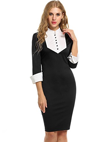 Casual Long Sleeve Contrast Color Slim Stand Collar Pencil Dress เดรส แฟชั่นชุดทำงาน ANGVNS ผู้หญิง