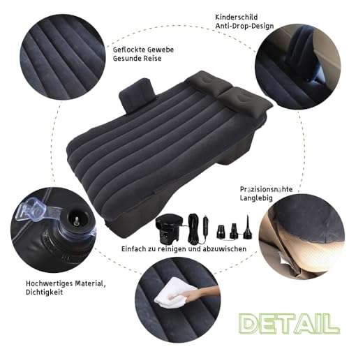 Geterral Car Mattress, Black Car Air Mattress, Equipped with Two Cushions and an Inflatable Pump, Suitable for Outdoor Camping, Rest and Outdoor Theme Parties, Gifts for Friends