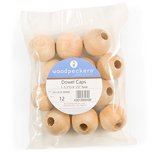 Wood Dowel Caps 11/2 inch Diameter with 1/2 inch Hole, Pack of 12 Unfinished Dowel Rod Caps for