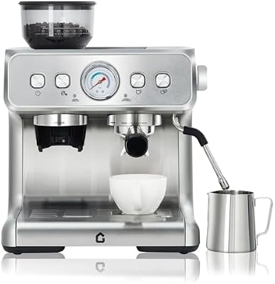 Cafetera Espresso Profesional Con Portafiltro y Molinillo De Café Integrado - Presión 15 Bares - Espumador De Leche y Manómetro Visible - Depósito De 2,8 l - Ideal Para Capuchino, Latte