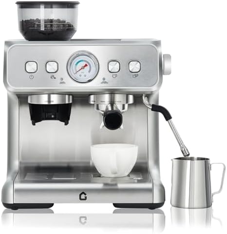 Cafeteira Profissional de Espresso com Porta-filtro e Moinho de Café Integrado - Pressão de 15 Bar - Espumante de Leite e Mostrador Visível - Tanque de 2,8 L - Ideal para Cappuccino, Latte