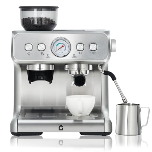 Cafetera Espresso Profesional Con Portafiltro y Molinillo De Café Integrado - Presión 15 Bares - Espumador De Leche y Manómetro Visible - Depósito De 2,8 l - Ideal Para Capuchino, Latte