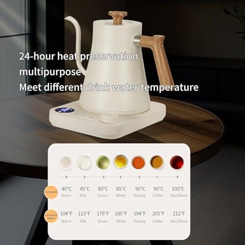 Electric Gooseneck Kettle 0.9L for Pour Over Coffee and Tea, Fast Heat Stainless Steel Inner, Digital LCD Temperature Control, Adjustable Timer, Auto Shut Off, Cordless & BPA-Free (White)