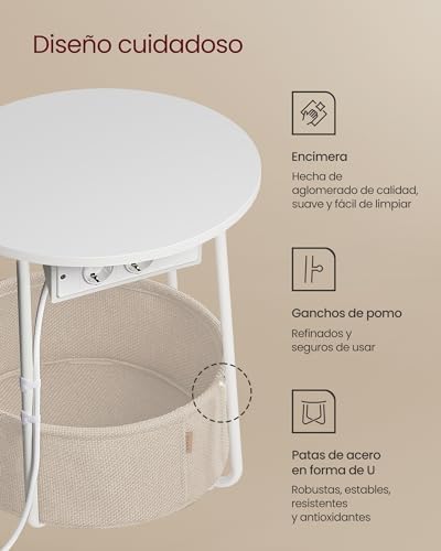 Coleção LILEA - Mesa de Cabeceira, Mesa Redonda com Tomadas de Alimentação, Cesto de Tecido, Espaçosa, Mesa de Cabeceira, Estilo Moderno, Branco Mate e Castanho Camel LET228W02