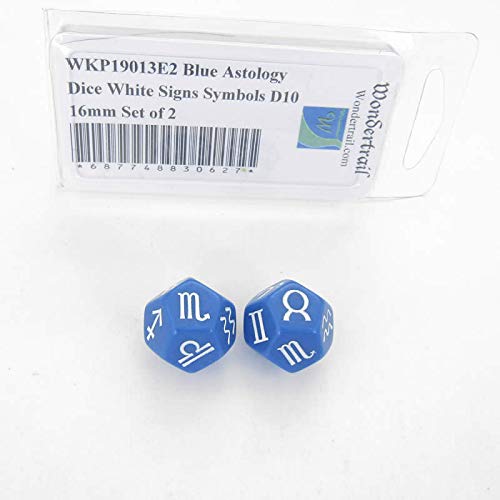 Blue Astology Dice with White Signs Symbols D10 16mm (5/8in) Set of 2 Wondertrail