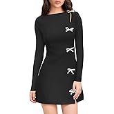 XXTAXN Women's Fall Long Sleeves Boat Neck Elegant Bow Y2k A Line Mini Dress