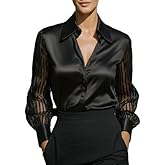 Women's Satin Button Down Blouse with Sheer Lantern Sleeves–Dressy Work Top for Office,Cocktail,Holiday Outfit