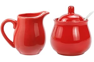 FUYU Ceramic Colorful Creamer and Sugar Set with Lid Spoon, Coffee Serving Set