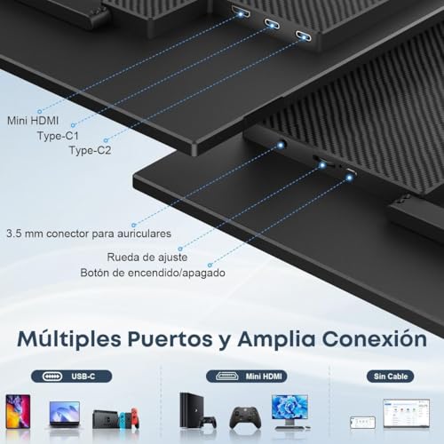 Monitor Portátil de 15,6 Pulgadas. Monitor para Juegos IPS Full HD 1080p/60Hz con Puertos USB-C y HDMI, Compatible con Portátiles, Ordenadores, Teléfonos Móviles, PS5, Mac, Xbox y Switch (Negro).