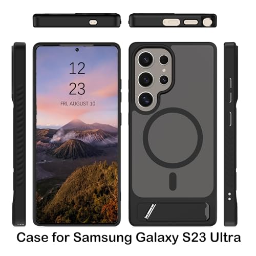 AIQIUQIU Magnetic Case for Samsung Galaxy S23 Ultra 5G [Compatible with Mag Safe][Built-in Invisible Kickstand] Mil-Grade Drop Protection, Adjustable Kickstand Translucent Matte Cover, Black