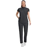 Kitmaz Women's Scrub Set - Convertible Mandarin/V-Neck Top & Straight Pants, 13 Pockets, Wrinkle & Splash Resistant Fabric