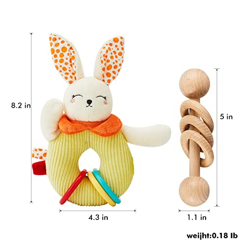 Wooden Baby Rattles with Plush Soft Bunny Rattles Set, Newborn Plush