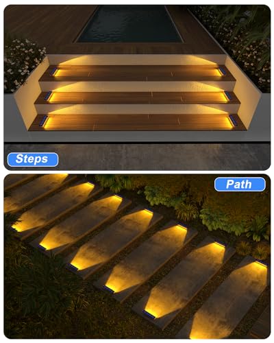 DetarZinLED Pack of 8 Outdoor Solar Garden Stair Lights, IP68 Waterproof, Warm White LED Solar Light for Garden, Path, Stairs, Driveway, Patios, Floor
