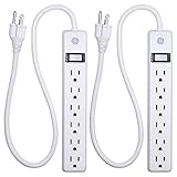 GE, White, 6 Outlet 2 Pack, 2 Ft Cord, Switched Power Strip, Integrated Circuit Breaker, Overload Protection, Wall Mountable, 3 Prong, UL Listed, 14833