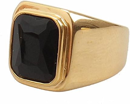 PMTIER Men's Stainless Steel Gold Plated Ring with Square Gemstone Blue Black