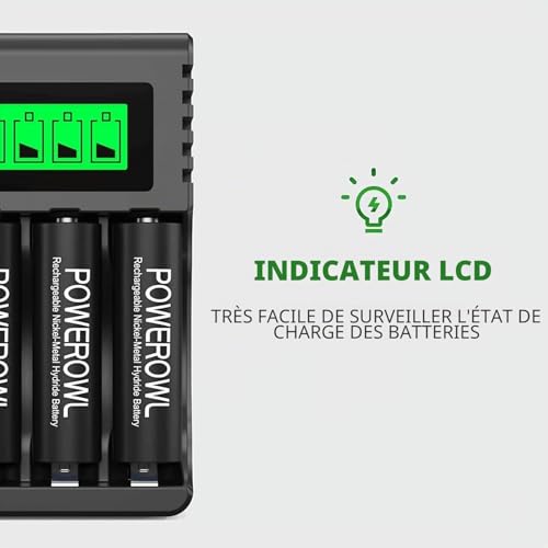 POWEROWL 4 Slots Chargeur Piles Rechargeable Charge Rapide pour AA AAA Rechargeable avec Port USB