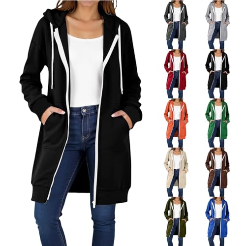 clothes,tops for women uk,Hoodies for Women UK Fashion Fall Outfits Zipped Cardigans Casual Loose Drawstring Long Coats Lightweight Ladies Sweatshirt Jackets with Pockets,christmas sweatshirt,Black S