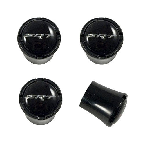 Dodge SRT All Black Tire Air Valve Stem Caps with Chrome Silver Street Racing & Technology Logo Emblem (4pc Set)