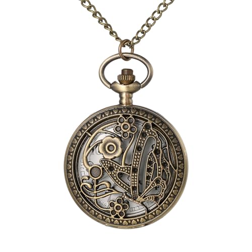 JewelryWe Women's Vintage Pocket Watch: Retro Design Bronze Butterfly Flower Openwork Cover Quartz Pendant Necklace Watches with Chain for Christmas