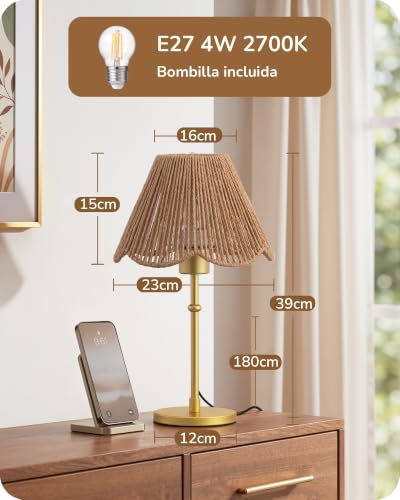 EDISHINE Table Lamp, Braided Paper Rope Lamp, Gold LED Bulb 4W 2700K Warm White Included, E27 Base, Decorative Lamp with Metal Base for Bedroom and Living Room