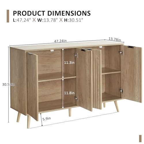 LYNCOHOME Fluted Sideboard Cabinet, Buffet Cabinet with 4 Doors, Kitchen Storage Cabinet with Solid Wood Feet for Kitchen, Dining Room, Hallway, Nature