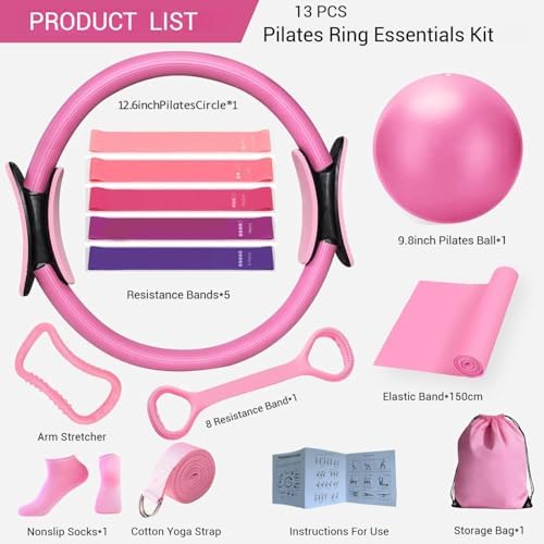 Ensemble d'accessoires de Pilates 13 pièces pour la maison - Kit essentiel de Pilates pour la maison - Kit essentiel de Pilates pour femme - Avec balle de yoga, anneau de yoga, accessoire de