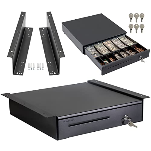 Cash Register Drawer with Under Counter Mounting Metal Bracket 16” Black Cash Drawer for POS