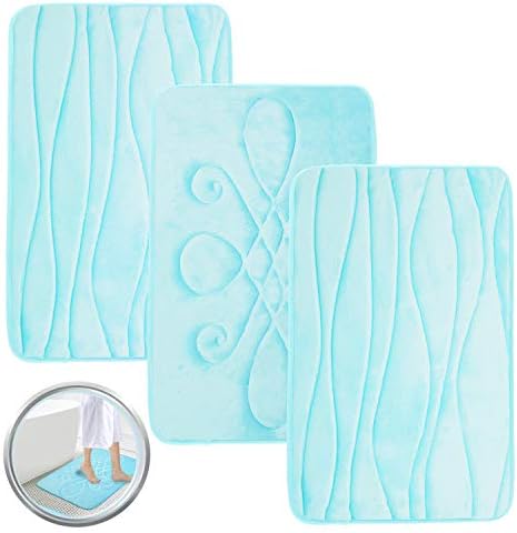 Memory Foam Mats and Rugs Sets for Bathroom Bathtub Shower & Toilet Room Entryway Floor or Door Mat - Non Slip and Super Absorbs Water - Blue , Super Value 3 Pack Large Mats