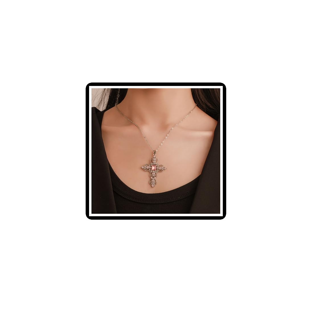 Crystal Cross Pendant Necklace Bohemian Turquoise Celtic Necklace Hollow Geometry Chain Jewelry for Women Girls Teens (Pink)