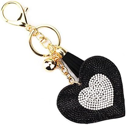 Love Heart Diamond Tassel Charm Keychain Purse Bag Key Ring Chain Gift (Black)
