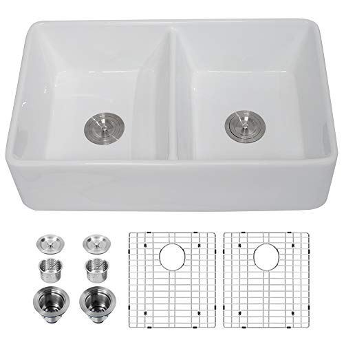 Farmhouse-Kitchen-Sink-Double-Bowl-Logmey-32-Inch-White-Apron-Front-Double-Bowl-Kitchen-Sink-5050-Ceramic-Porcelain-Vitreous-Fireclay-Kitchen-Farm-Sinks