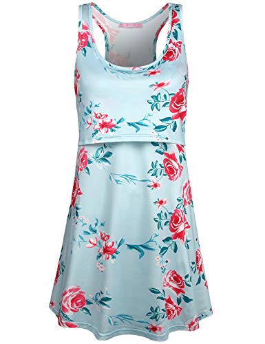 JOYMOM Tank Maternity Dress,Womens Casual Sleeveless U Neck Racerback Nursing Dresses Pregnancy Floral Thin Flare Activewear Summer Dressy Baby Shower Breastfeeding Clothes Blue M
