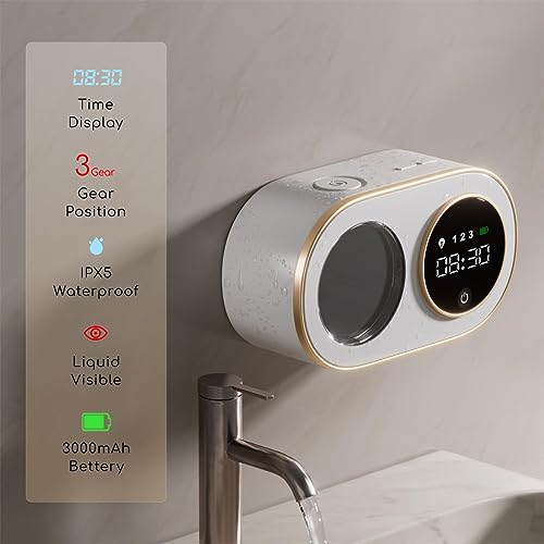TERRIFI Wall Mount Automatic Foaming Soap Dispenser with Digital LED Clock, 3000mAh Rechargeable, 12oz Capacity, IPX5 Waterproof, Smart Electric Hand Soap Dispenser for Bathroom & Kitchen, White