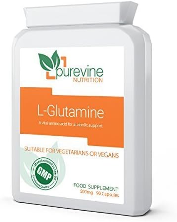 Purevine Nutrition L-Glutamine 500mg 90 Capsules - High Strength Targeted Release Amino Acid Supplement - UK Manufactured GMP Quality Assurance