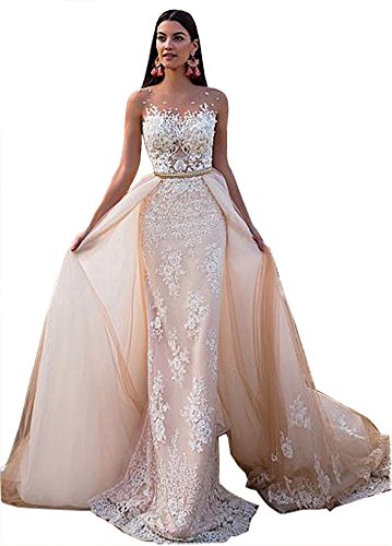 Tsbridal Detachable Skirt Wedding Dresses Lace Mermaid Wedding DressesIvory-US2