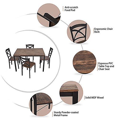 KARMAS PRODUCT 5 PC Wood Dining Set Table and Chairs for 4 Person with Metal Legs,Home Kitchen Breakfast Furniture,Espresso - Thumbnail 3