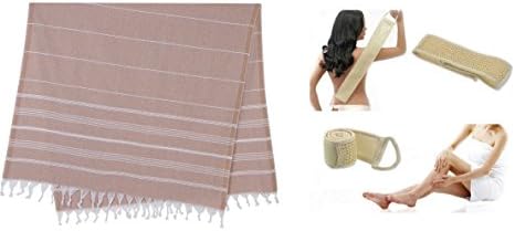 ATS STORE Eco Friendly Premium 100% Cotton Turkish Towel Fouta Peshtemal with Bath-Shower Back Scrubber (BROWN &amp; WHITE)