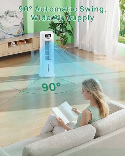 Portable Air Conditioner, 90° Auto Oscillation, 6 Speeds & 2 Cool Mist, 3 IN 1 Air Cooler, 800ML Water Tank, 12H Timer, 5M Remote Control, Quiet Cooling Tower Fan Air Conditioner for Room Office