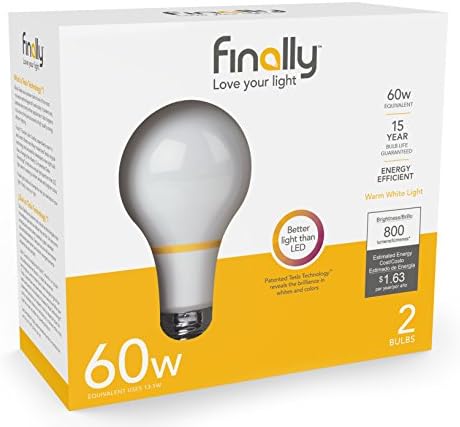 New Finally Light Bulb, 60 watt Equivalent, A19, Pack of 2 Light Bulbs, Long Lasting, Warm White, Non-LED, Energy Efficient, with Tesla Technology