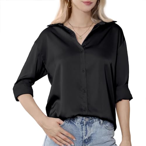 WOMEN'S SOLID BLOUSE, LONG SLEEVE BUTTON DOWN SHIRT CLASSIC COLLARED TOPS, FORMAL  DRESS BLOUSES TOPS FOR WORK OFFICE CASUAL CLOTHING(BLACK) - Korting  Discount Outlet