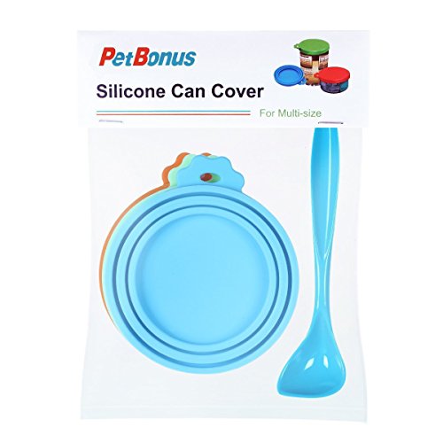 PetBonus 3-Pack Silicone Pet Can Covers, Dog Cat Food Can lids, Fit Multiple Sizes - BPA Free Dishwasher Safe - A Long Handle Special Curved Design Can Food Spoon