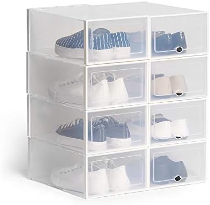 Hapilife 8pcs Shoe Box Stackable Shoe Storage Box Clear Plastic Shoe Organiser Box Ladies Men 35.5x25.5x13.5cm (White)
