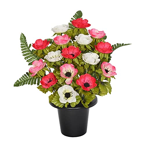 Sincere Floral 29CM FRONTAL ANEMONE & FERN GRAVE POT- 16 FLOWERS- ARTIFICIAL (Pink)