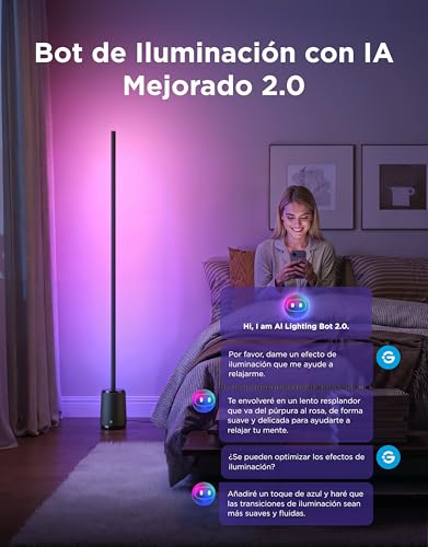 Govee Lampara de Pie 3 Lite RGBICWW, 1400lm Lámpara Salon de Pie LED Regulable 152cm, 2700K-6500K, Sincronización de Música,105+ Escenas y 12 Modos de Música, Compatible con Alexa y Matter, Negro